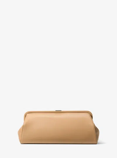 Michael Kors Angelica Large Leather Frame Clutch In Beige