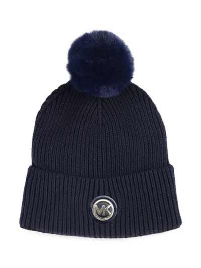 Michael Kors Kids' Appliqué-logo Ribbed Beanie In Blue