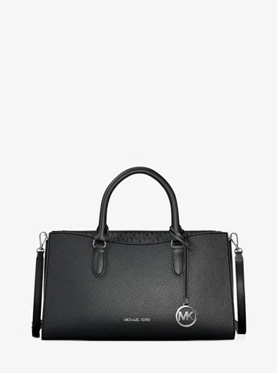 Michael Kors Arden Medium Pebbled Leather And Signature Logo Top-zip Satchel In Black