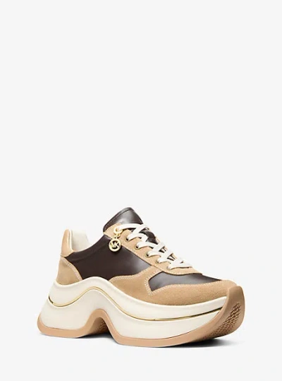 Michael Kors Arla Leather And Suede Trainer In Brown