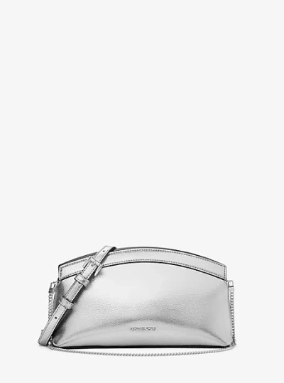 Michael Kors Athena Small Metallic Leather Convertible Clutch In Silver