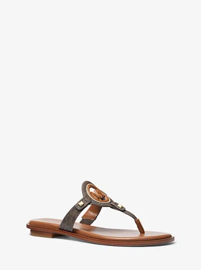 Michael Kors Aubrey Cutout Signature Logo And Leather T-strap Sandal In Brown