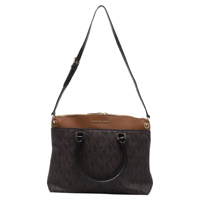Pre-owned Michael Kors Aubrey Signature Large Satchel In Brown Leather