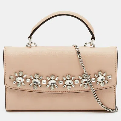 Pre-owned Michael Kors Ava Crystals Beige Leather Wallet On Chain In Sand