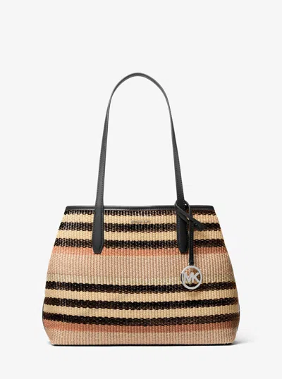 Michael Kors Avalon Medium Striped Woven Tote Bag In Black