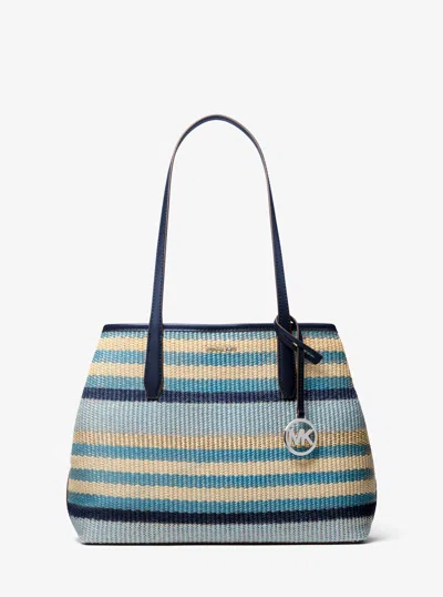 Michael Kors Avalon Medium Striped Woven Tote Bag In Blue