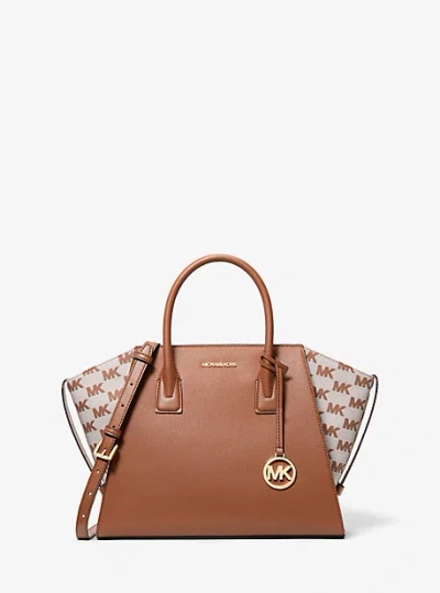 Michael Kors Avril Large Leather And Logo Jacquard Satchel In Brown