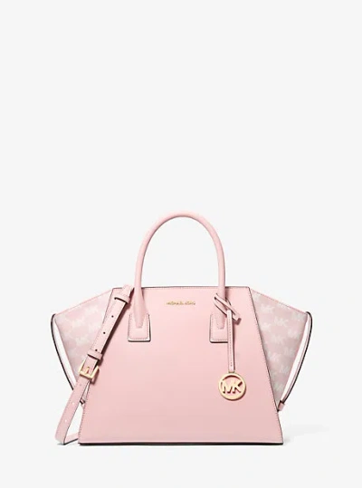 Michael Kors Avril Large Leather And Logo Jacquard Satchel In Pink
