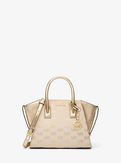 Michael Kors Avril Small Logo Jacquard And Metallic Leather Satchel In Gold