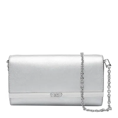 Michael Kors Mona Large Metallic Saffiano Leather Clutch In Silver