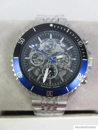 Pre-owned Michael Kors Bayville Silver Black Blue Automatic Skeleton Mens Watch Mk9045