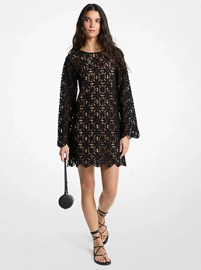 Michael Kors Beaded Floral Crochet Mini Dress In Black