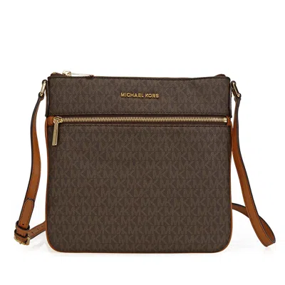 Michael Kors Bedford Signature Flat Crossbody - Brown In ["brown","beige"]