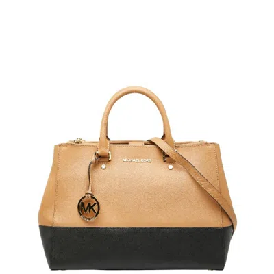 Pre-owned Michael Kors Beige Black Leather Shoulder Bag Tote Bag () In Beige, Black