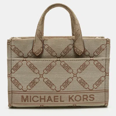 Pre-owned Michael Kors Beige Empire Logo Jacquard Canvas Small Gigi Tote In Sand