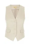 Michael Kors Beige Vest With V Neck In Linen And Cotton Blend Woman In Neutral