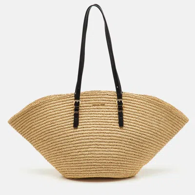 Pre-owned Michael Kors Beige/black Raffia And Leather Fan Large Beach Tote In Sand