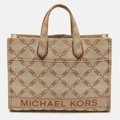 Pre-owned Michael Kors Beige/brown Logo Jacquard Canvas Large Gigi Tote In Sand