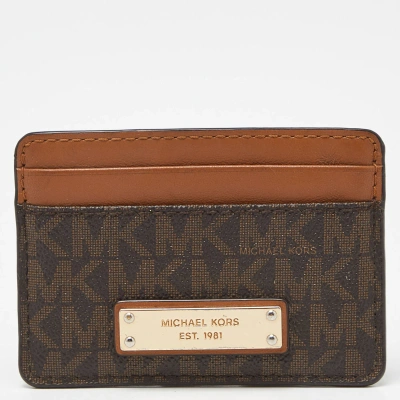 Pre-owned Michael Kors Beige/brown Signature Coated Canvas And Leather Card Case