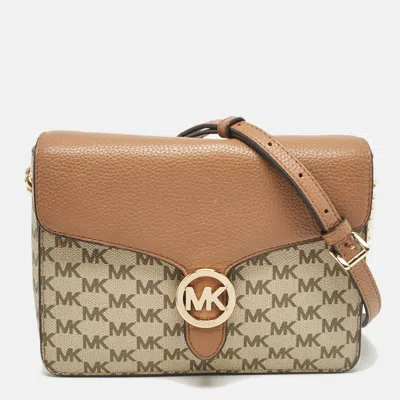 Pre-owned Michael Kors Beige/brown Signature Coated Canvas And Leather Fulton Crossbody Bag