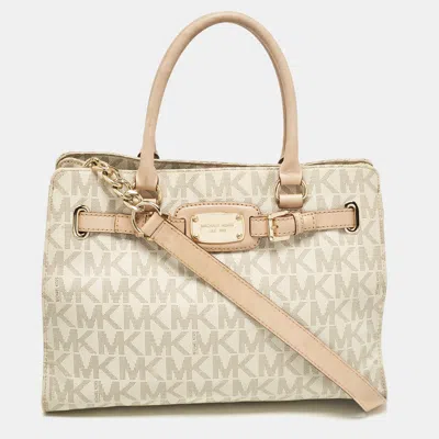 Pre-owned Michael Kors Beige/off White Signature Coated Canvas And Leather East/west Hamilton Tote