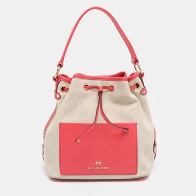 Pre-owned Michael Kors Beige/pink Canvas And Leather Medium Maeve Bucket Bag In Sand