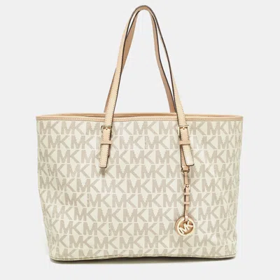 Pre-owned Michael Kors Beige/white Signature Coated Canvas And Leather Jet Set Tote