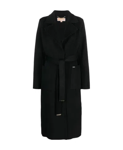 Michael Kors Long Coat Belted Waist Large Pockets In Black