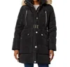 Michael Kors Belted Faux Fur 3/4 Length Puffer Coat In Black In Black