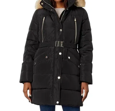 Michael Kors Belted Faux Fur 3/4 Length Puffer Coat In Black