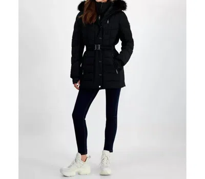 Michael Kors Belted Faux-fur-trim Hooded Puffer Coat In Black