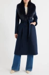 Michael Kors Belted Longline Coat With Faux Fur Collar In Blue