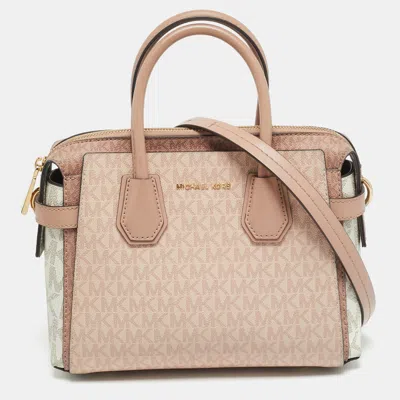 Pre-owned Michael Kors Belted Mercer Small Pink/white Signature Coated Canvas And Leather Satchel