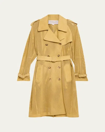 Michael Kors Belted Perforated Suede Trench Coat In Brown