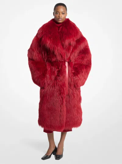 Michael Kors Belted Shearling Shawl Collar Coat In Red