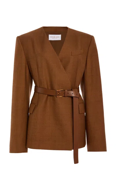 Michael Kors Belted Silk-canvas Blazer In Brown