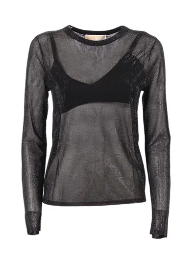 Michael Kors Embellished Mesh Long-sleeve Top In Black