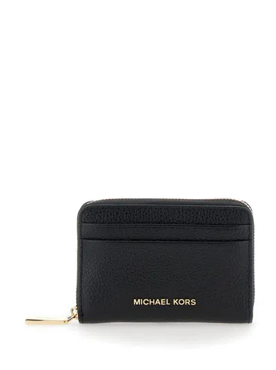 Michael Kors Black Card Holder With Logo Lettering In Hammered Leather Woman