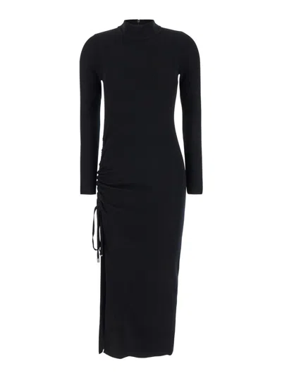 Michael Kors Black Crewneck Midi Dress With Ruched Detail In Wool Woman