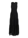 Michael Kors Black Crewneck Sleeveless Long Dress With Ruches And Ruffled Skirt In Tech Fabric Woman
