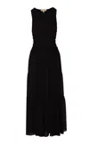 Michael Kors Black Crewneck Sleeveless Long Dress With Ruches And Ruffled Skirt In Tech Fabric Woman