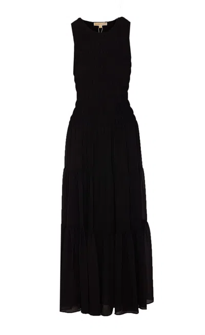 Michael Kors Black Crewneck Sleeveless Long Dress With Ruches And Ruffled Skirt In Tech Fabric Woman