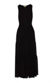 Michael Kors Black Crewneck Sleeveless Long Dress With Ruches And Ruffled Skirt In Tech Fabric Woman