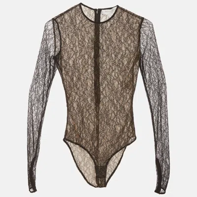 Pre-owned Michael Kors Black Floral Lace Zip-up Bodysuit Top Xs