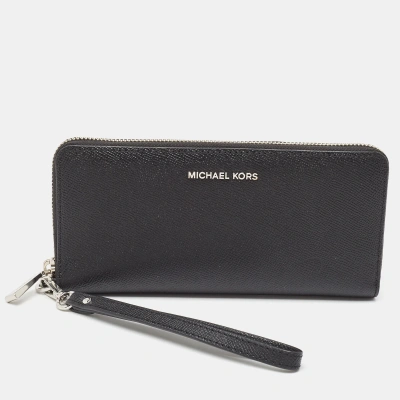 Pre-owned Michael Kors Black Leather Jet Set Zip Around Continental Wallet