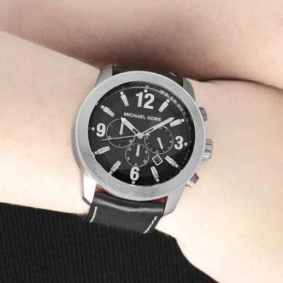 Pre-owned Michael Kors Black Leather,silver Chronogrph Xl Runway Oversize Watch Mk8249