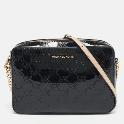 Pre-owned Michael Kors Black Monogram Patent Leather Large Jet Set Crossbody Bag