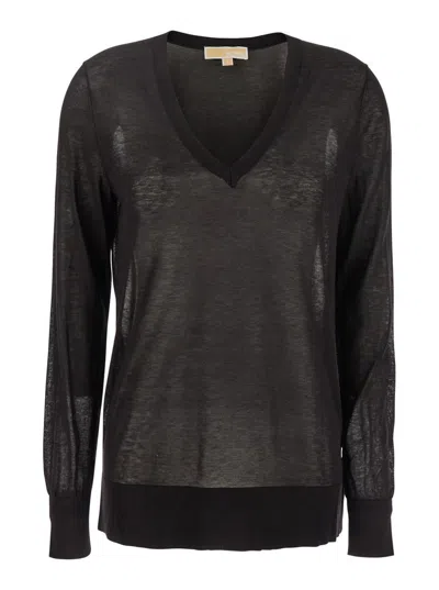 Michael Kors Black T-shirt With V Neck And Ribbed Trims In Cotton And Silk Blend Woman