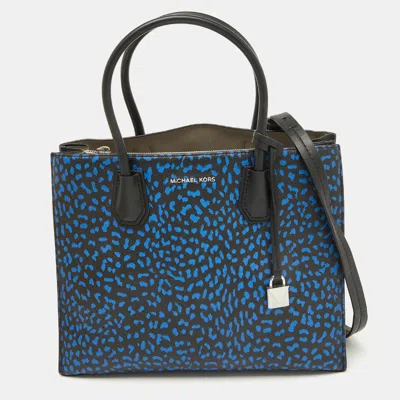 Pre-owned Michael Kors Black/blue Leather And Coated Canvas Animal Print Mercer Tote