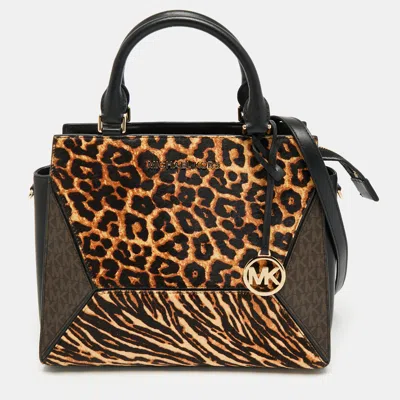 Pre-owned Michael Kors Black/brown Leopard Print Calf Hair And Leather Large Prism Satchel